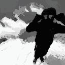 Figure in a dark cloak adjusting their hat in a snowy landscape.