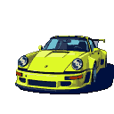 Lime green Porsche 911 GT3 in a front-facing, pixelated view with defined headlights and spoiler, casting a subtle shadow.