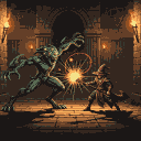 A reptilian alien with sharp claws and glowing eyes lunges at a cloaked mage channeling arcane power. A radiant orb of light erupts between them in a dimly lit stone chamber.