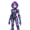 A female warrior with short purple hair and violet eyes, wearing a sleek, segmented purple and silver futuristic armor.