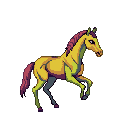 An alien horse with luminous yellow, green, and purple hide, and a magenta mane and tail, stands alert with forelegs slightly raised against a dark background.