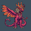 Fearsome chimera with dragon wings and centaur body, scaled limbs, serpentine tail, feathered wings, horned head, and beige fur mane.