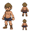 Young boy with short brown hair, bare chest, dark blue shorts, and brown boots, fists clenched.