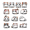 A spritesheet of 128x128 pixel art cats in various cute, plump poses and expressions, with a transparent background.