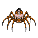 Grotesque arachnid-human hybrid with eight spindly orange legs, a pale muscular human torso and head with dark slicked-back hair, and a segmented chitinous spider abdomen.