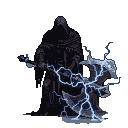 Pixel Art: boss in hood without face only black void and huge thunder a...