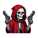 Pixel Art: hooded red skeleton with 2 pistols portrait