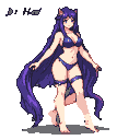 Succubus with long purple hair, cat ears, and a dark blue bikini with thigh straps, standing in a confident, alluring pose against a dark, transparent background.