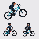 Mountain biker mid-air on a turquoise bicycle, with two smaller figures on red and blue bicycles below.