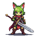 A warrior with vibrant green hair, red and brown segmented armor, and a crimson scarf holds a broad-bladed sword and an ornate mace.