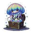 Pixel Art: arcane jellyfish that protects a magical treasure chest