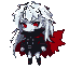 Chibi vampire protagonist, Scarlet, in a side-view battle stance. She has pale skin, glowing crimson eyes, and long, wild white hair. She wears a dark charcoal leather tunic with silver buckles and a tattered scarlet cape. The background is dark with neon violet backlighting.