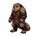 Stern anthropomorphic badger warrior in dark armor with red accents, ready for battle.