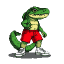 Muscular alligator wearing red shorts and white sneakers.