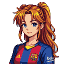 Young woman with auburn ponytail and blue eyes wearing a pixelated FC Barcelona jersey.