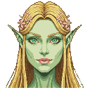 Pixel art portrait of an elf with pale green skin, emerald eyes, and pink lips, her long golden hair adorned with pink blossoms.