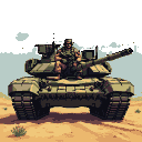 American soldier in camouflage fatigues sits on an M1 Abrams tank in a desert landscape.