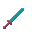 Teal sword with reddish-brown hilt, angled diagonally upwards against a black background.
