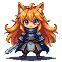 Small warrior with orange hair, cat ears, blue eyes, dark blue armor, and a sword.