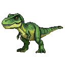 A green Tyrannosaurus Rex with dark stripes, sharp teeth, and an amber eye.