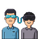 Two men in retro pixel art style, one wearing AR glasses and the other a VR headset, connected by a glowing blue cable.