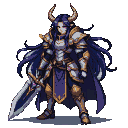 Warrior in ornate silver and gold armor with a massive sword, long dark hair, pale eyes, and curved horns.