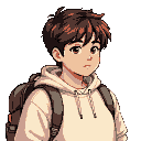 Pixel Art: A teenager, a little chubby, with a backpack and a retro 90s style. Short brown hair. (generated with AI by Pixie Man of Time).