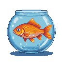 A vibrant orange and yellow pixelated goldfish swims in a clear glass bowl of blue water.