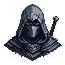 Hooded warrior with glowing red eyes, wearing a stylized mask and dark robes, with a sword hilt visible.