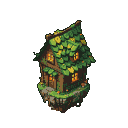Moss-covered cottage on a small, floating island, with a steeply pitched roof, warm light from windows, and a rocky, grassy foundation.