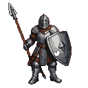 Stoic knight in segmented plate armor holding a spear and kite shield, with russet fabric visible.