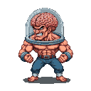 Pixel Art: classic fighter character with huge head and glass copule on head with visible brain (generated with AI by sandacz).