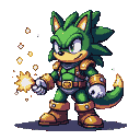 Anthropomorphic green hedgehog-like character in golden-brown armor holding a glowing orb, sparks flying.