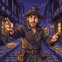 A beggar in worn, earthy-toned clothes and a wide-brimmed hat pleads for help with outstretched hands on a dimly lit medieval cobblestone street at night.
