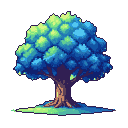 Stylized tree with a thick, gnarled brown trunk and a vibrant blue and green pixelated canopy, leaning at a 45-degree angle.