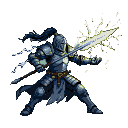 Knight lunging with a broadsword crackling with electrical energy, arcs of lightning streaking from their body.