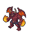 A hulking demon with crimson skin, snarling face, glowing blue eyes, and wide, fiery-outlined bat-wings, holds orbs of crackling fire in its clawed hands.
