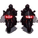 Two black superbikes with glowing red headlights on a starting line, riders' helmets in shadow.