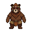 Stout humanoid bear wearing a brown tunic, fringed loincloth, tribal mask with blue geometric patterns, and a feathered headdress.