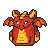 Pixelated dragon in fiery red and yellow with spread wings and curious white eyes.
