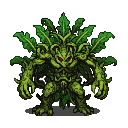 A boss monster mandragora with a body of tangled green foliage and roots, piercing crimson eyes, and massive clawed hands.