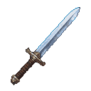 A gleaming sword with a detailed hilt and crossguard, angled upwards against a black background.