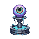 A levitating eye orb with a green and blue vortex iris, glowing purple, hovers above a weathered stone fountain weeping luminous cyan liquid.