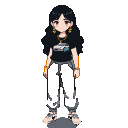 Young woman with dark wavy hair and brown eyes, wearing a black t-shirt with a pixelated silver Porsche 911, gray pants, and white sneakers. She has golden jewelry including a purple butterfly necklace and bracelets.