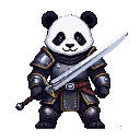 Stoic panda warrior in dark, gold-trimmed plate armor, gripping a silver sword.