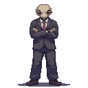 Pale-headed, worm-like creature standing upright in a formal dark suit with arms crossed.
