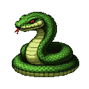 A coiled green serpent with piercing red eyes and a flickering red tongue.