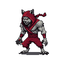Werewolf ninja in red tunic and pants, snarling, on black background.
