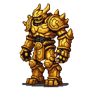 A powerful, armored golden golem in a side view.