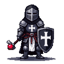 Templar Knight in segmented armor with a white cross on tunic and shield, holding a mace with a red orb.
